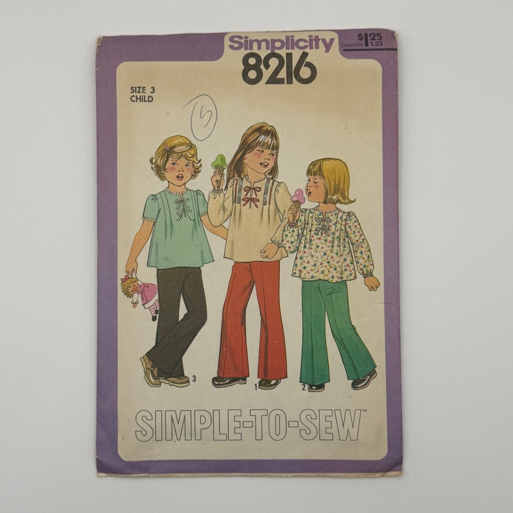 Simplicity 8216 Sewing Pattern Child Size 3 Multi-Color 1977 Boho Top Pants